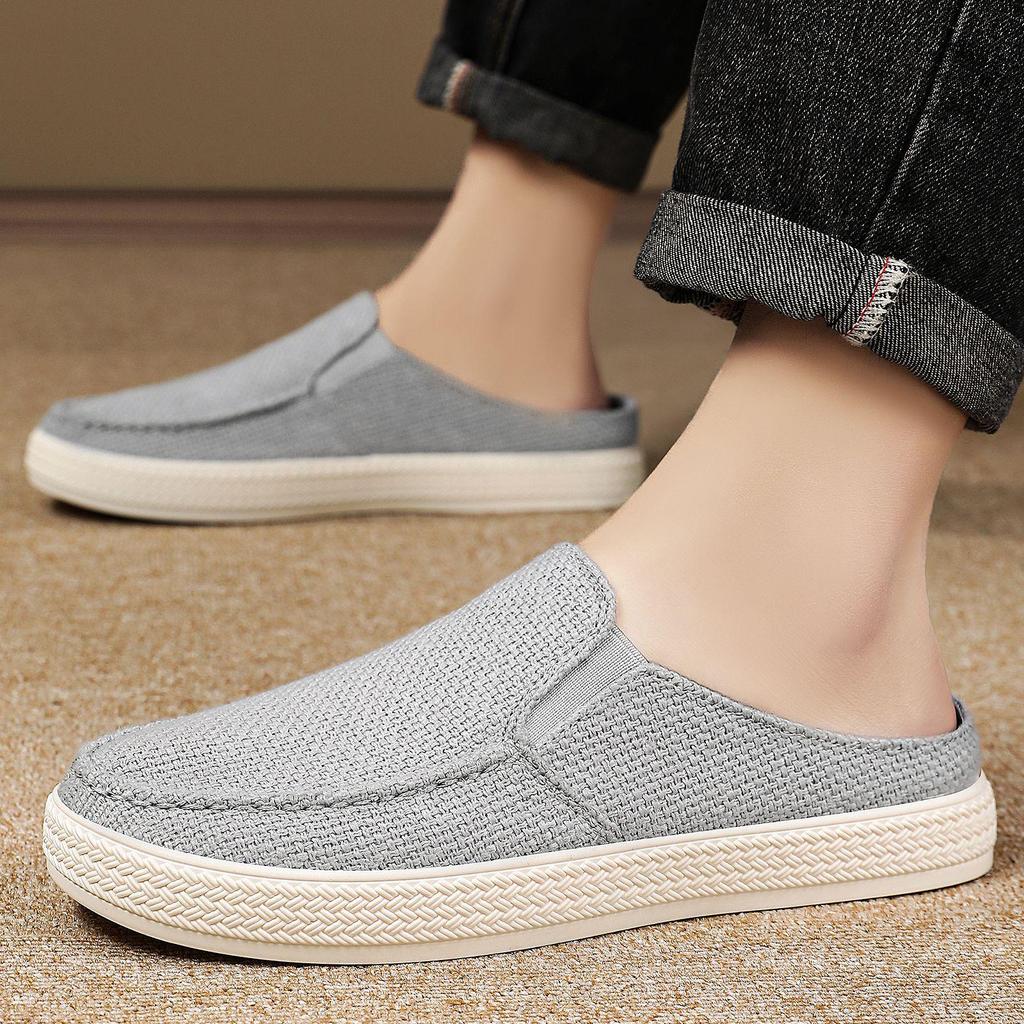 Men's Casual Cotton Linen Backless Moccasins - Solid Color Low-Top Slippers