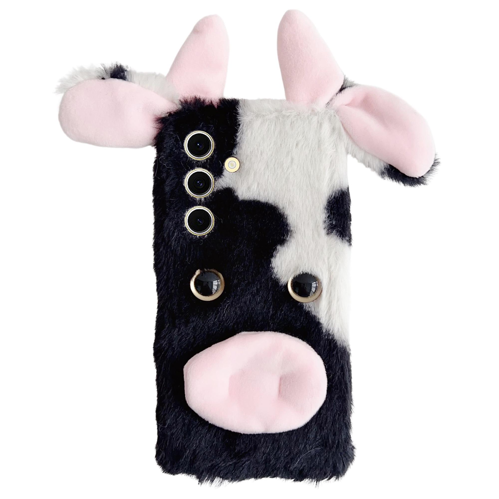 

For Samsung Galaxy S25+ Case Fluffy Cute Cow Winter Plush Inner TPU Phone Cover Black