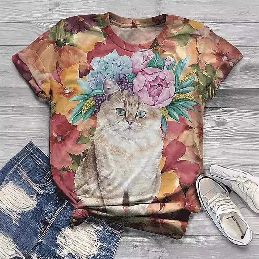 

Летний топ с круглым вырезом и принтом 3D Cat, модные повседневные женские футболки с короткими рукавами 6XL