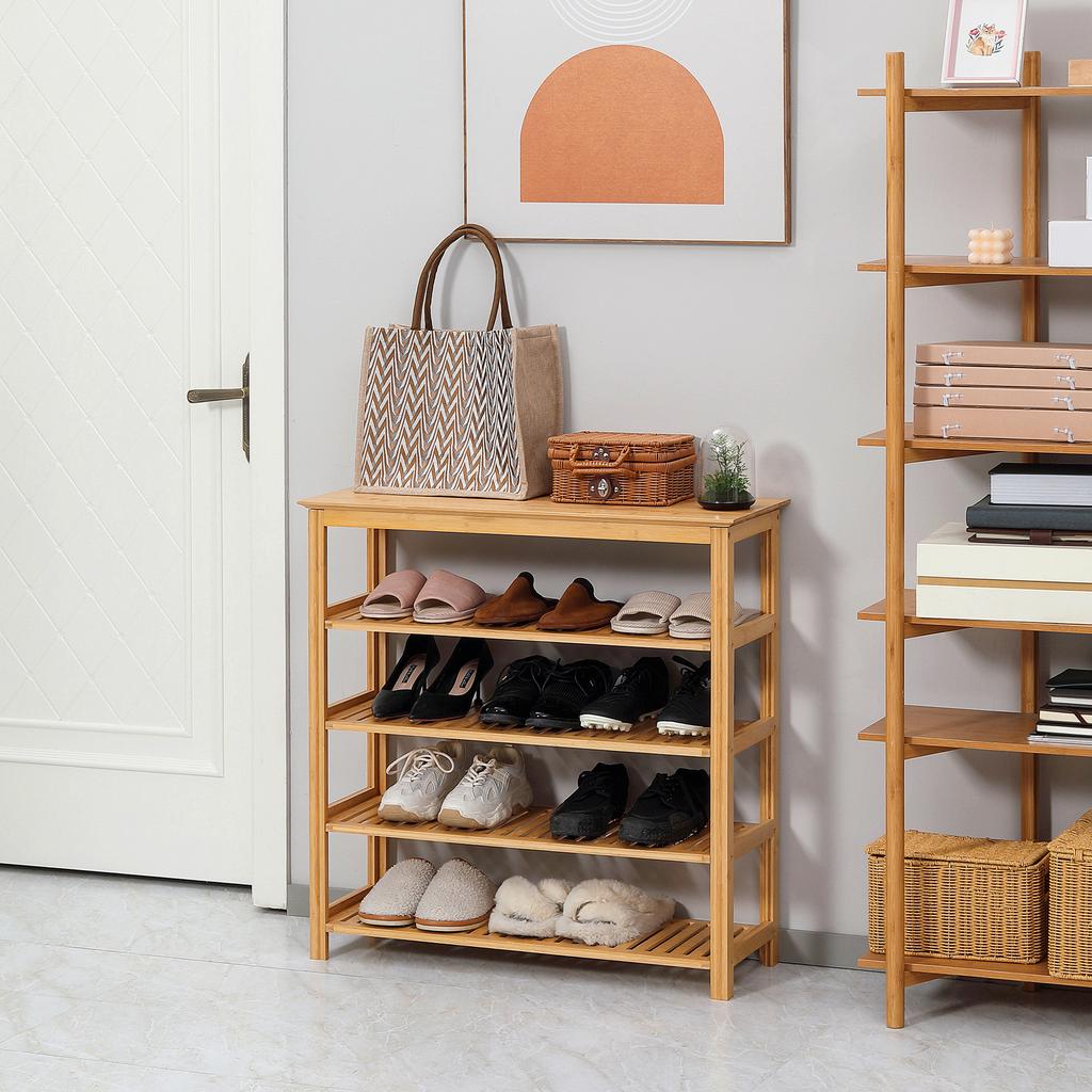 Schuhregal mit 4 Regalböden, Bambus, Lamellen, bis Größe EU 45, Natur