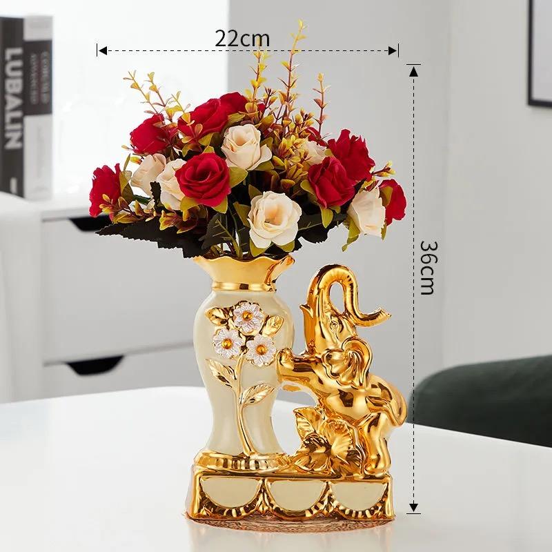 Keramik-Elefantenvase im europäischen Stil – Dekorative Figur mit künstlichen Blumen für Zuhause oder Tischplatte