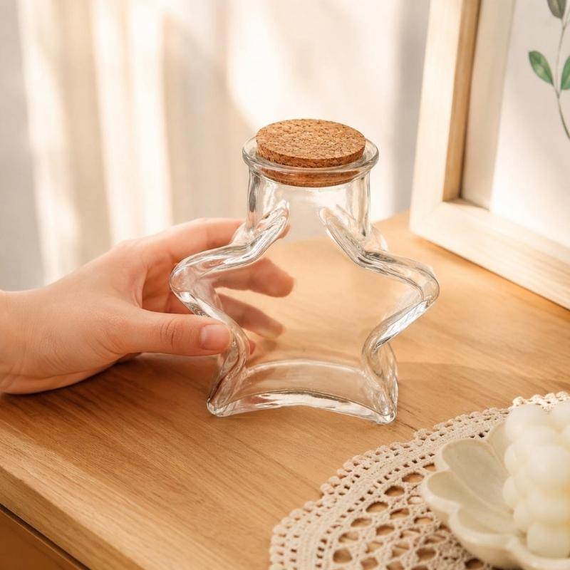 Decorative Glass Bottles With Cork Stopper Clear Glass Jar in Five-Point Form with Wood Cap,Display Bottle for Sand Candy and Paper Bits in Shelf or