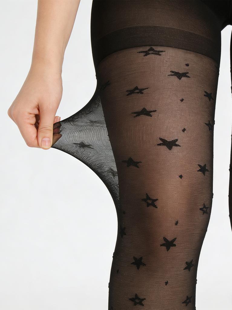 2 Pairs Women Plus Size Black & White Star Print Sheer Stretchy Tights Breathable Anti-Snag Fashion Stockings Set