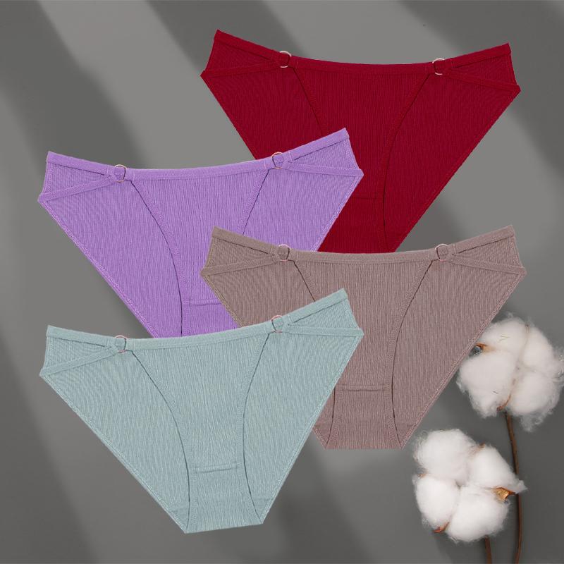 4Pcs Cotton Striped Underwear Women's Double Belt Panties Sexy Low Waist Solid Briefs Female Breathable Comfort Lingerie