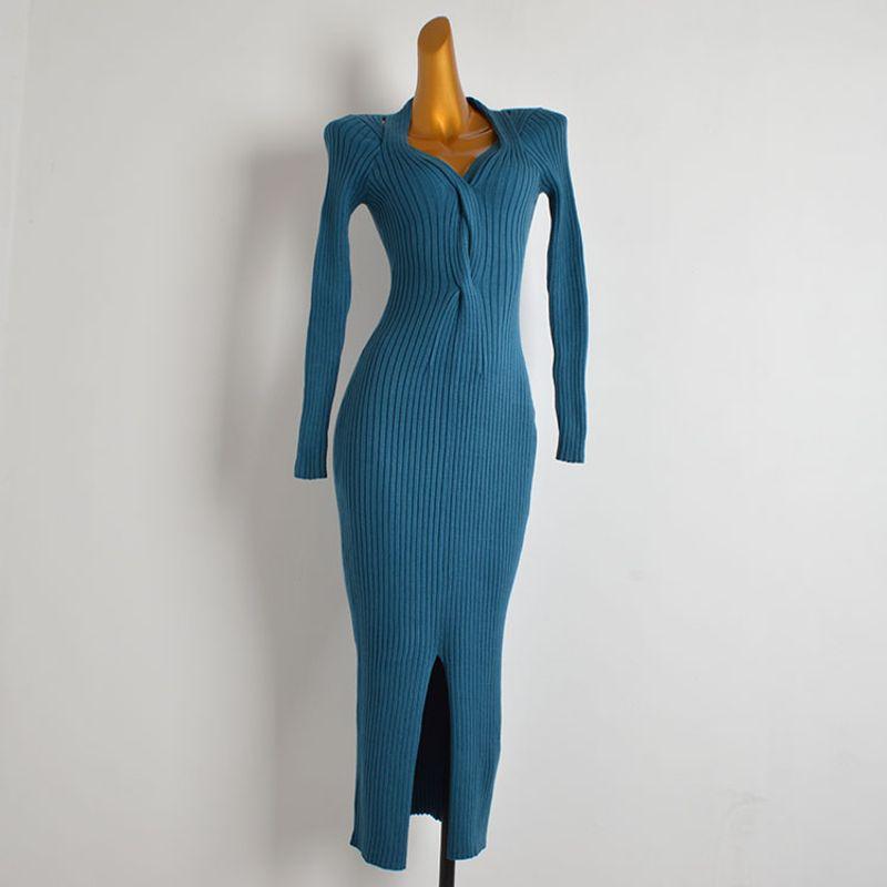 French Style Retro Pure Color Halter V-neck Cross Knitting Dress Women's Tight Waist Slim Looking Hip Split Long Skirt
