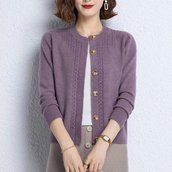 Stilig cardigan for kvinner høstklær elegant genserjakke løs rund hals strikket cardigan