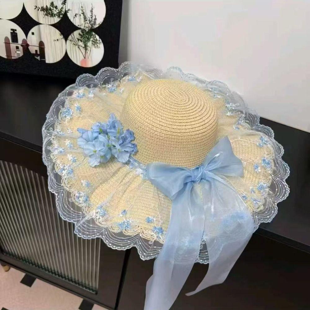 Floral Design Woman's Straw Hat Elegant Sun Protection Cap Lace Brim Sunshade Cap Casual Wear