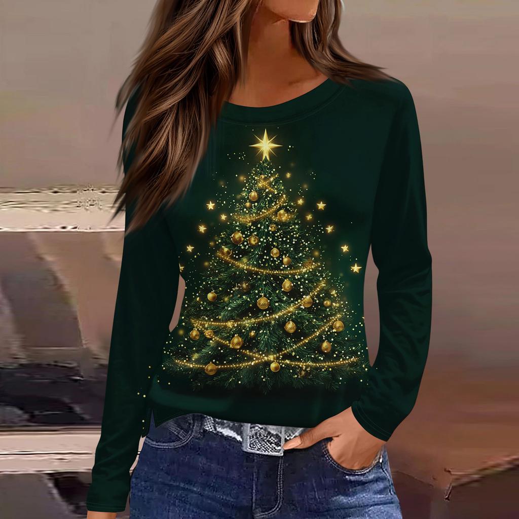 Women's Fashion Casual Slit Hem Round Neck Long Sleeve Loose Christmas Printed T-Shirt Ladies Top
