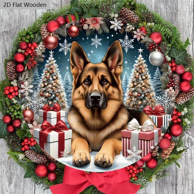 Christmas Wooden Sign with German Shepherd Pattern - Navidad Round Sign for Front Door, Wall Hanging Decor - Ideal Christmas Decoration