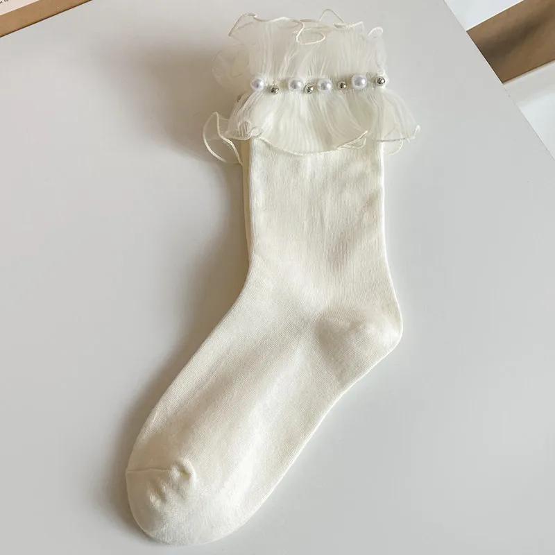Wpmem'S Summer Spring Cotton French Sweet Style Jk Lace Midtube Socks Organza Fashion Wooden Ear Pile Pile Socks Pearl Stockings