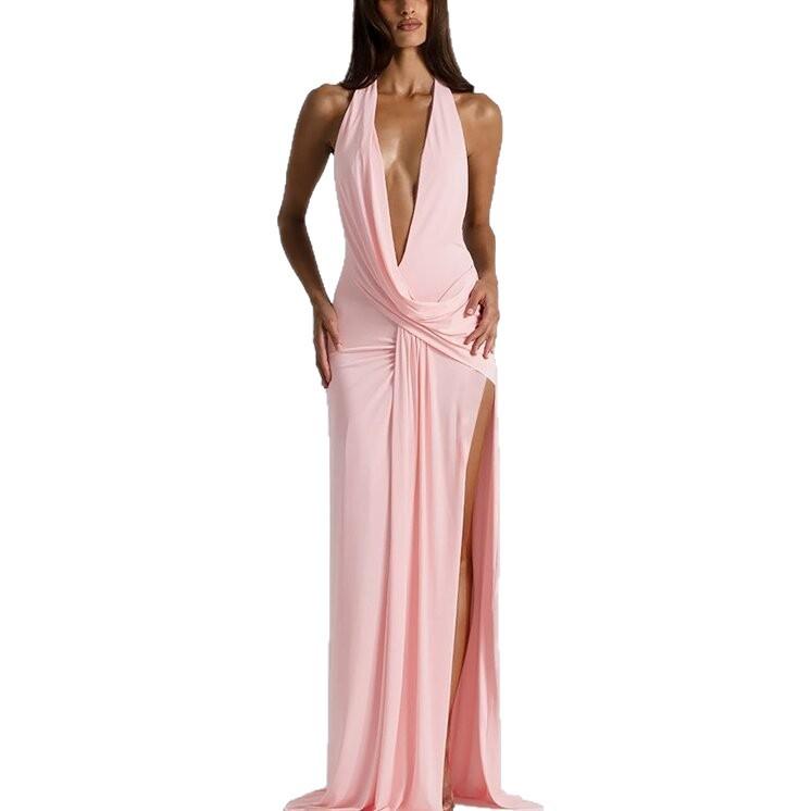 2026 summer new neck dress skirt deep V kink split irregular slim hip wrap long dress