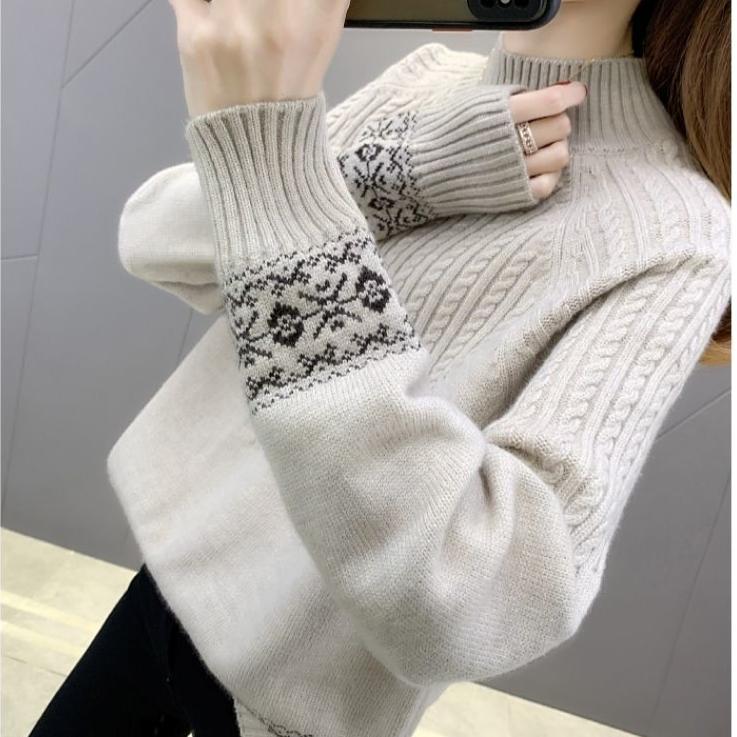 Autumn Winter Women's Half Turtleneck Sweater Loose Thick Pullover Knitted Top Jacquard Elastic Knitted Top Jumper.