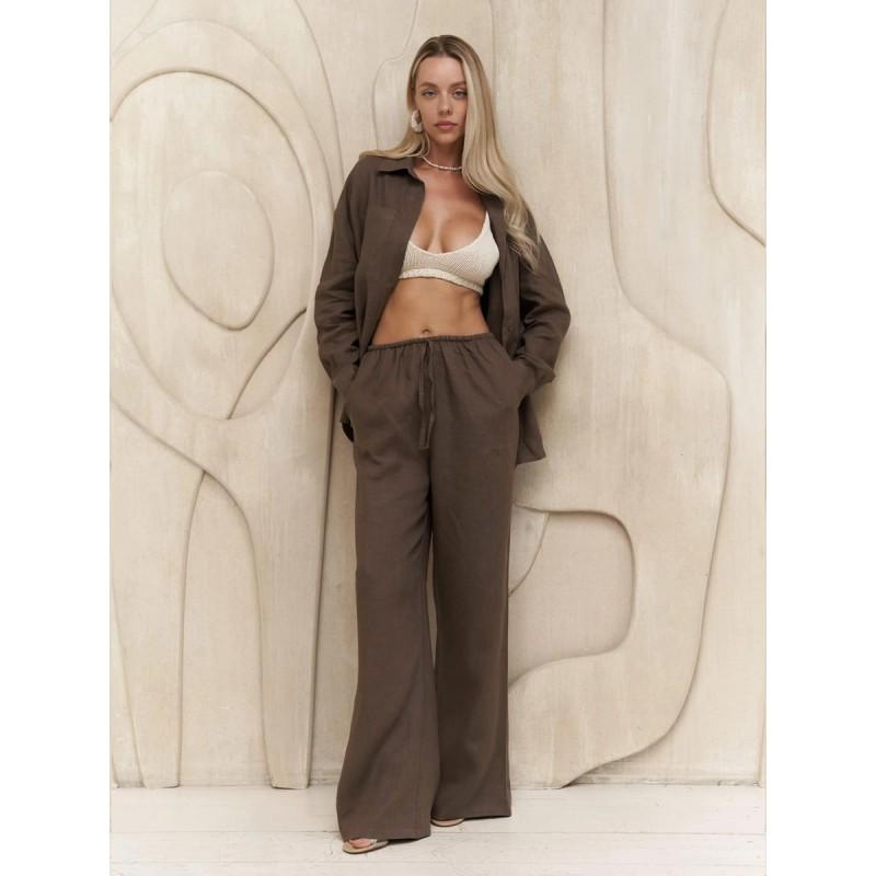 Cotton Long Sleeve Shirt Wide Leg Pants Set Solid Color Casual Womens Street Style Outfit