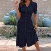 Summer Casual V Neck Short Sleeve Maxi Dress Women Beach Sundress Ruched Button Down Long A Line Swing Dress