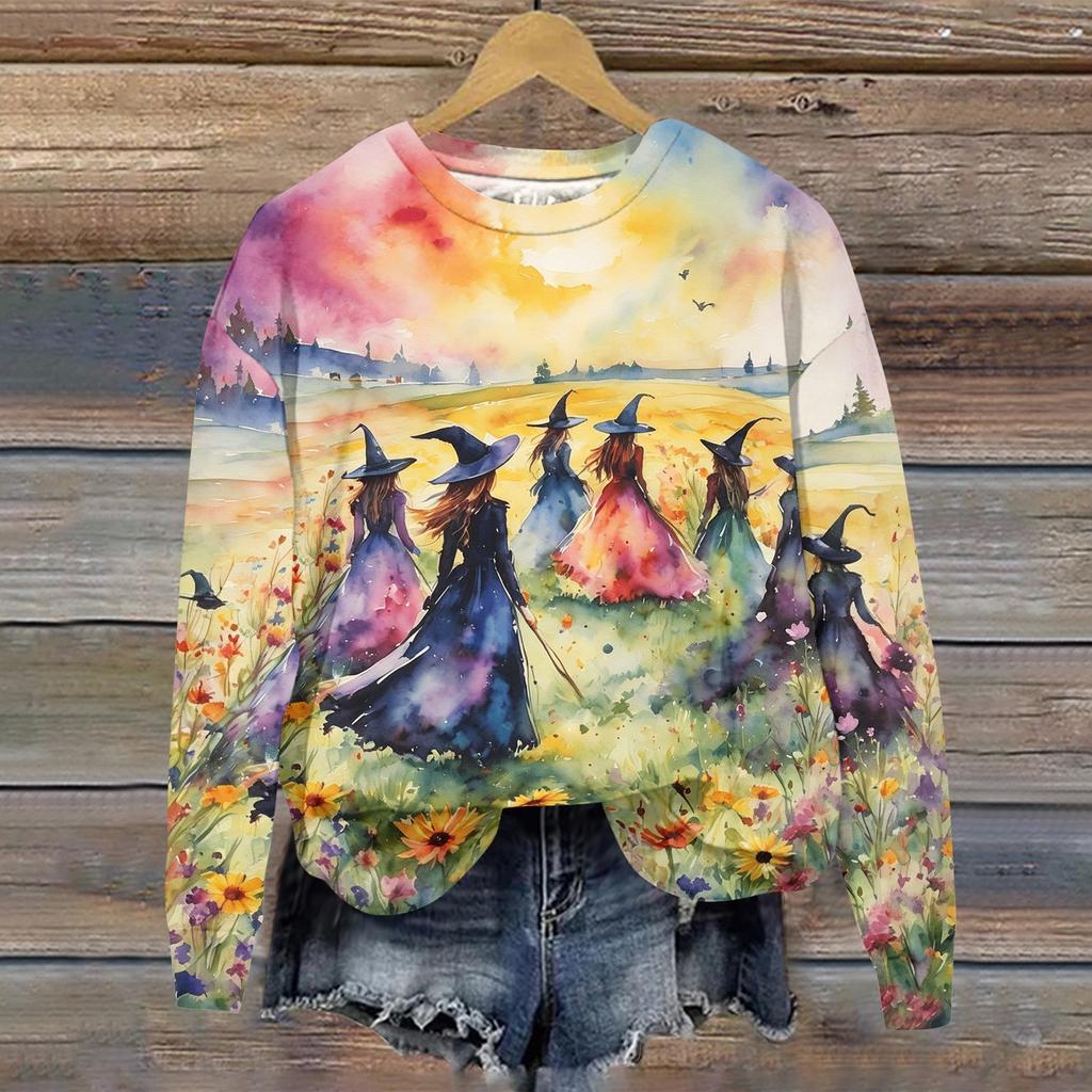 Women's Halloween Print Long Sleeve Neck T-Shirt