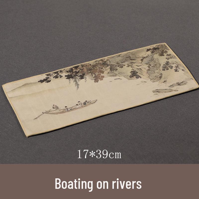 Semišová retro utěrka na čaj inspirovaná čínskou tušovou malbou - Absorpční, oboustranný podtácek pro čajové soupravy a stoly