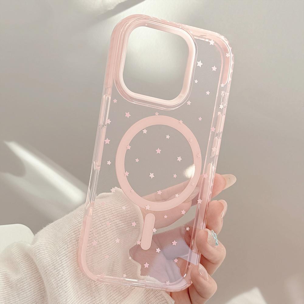 For Pink Stars Cute Transparent TPU Case for For Iphone 16 1 12 13 14 Pro Max 11 16proMax Magnetic Wireless Charging Cover