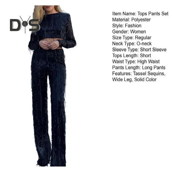 2Pcs/Set Women Tassel Sequin Party Outfit Set O Neck Long Sleeve Cropped Tops High Waist Wide Leg Long Pants Set