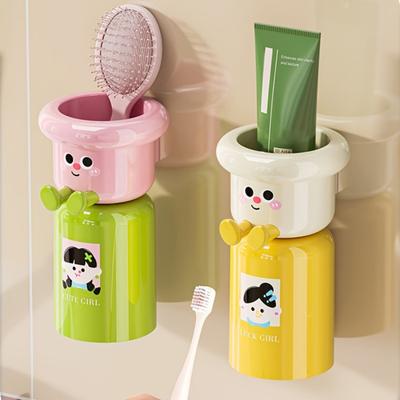 Cartoon Toothbrush Cup Holder Wall Mounted Storage Rack Space Saving Magnetic Upside Down Mouthwash Cups No-Drill Bathroom Organizer