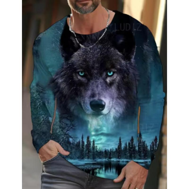 Round Neck 3D Animal Wolf Pattern Printed Top Fashionable Casual Long Sleeved Men's T-shirts