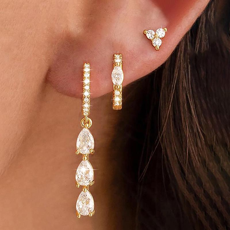 3Pcs  Zirconia Flower Heart Huggie Hoop Earrings Set For Women Exquisite Pendant Ear Stud Piercing Jewelry Gift