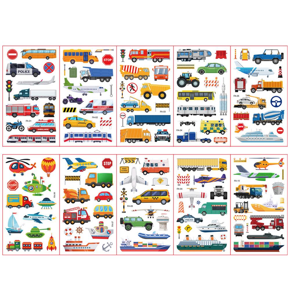 10Sheets/Set Kids Cute Cartoon Tattoo Stickers Transport Engineering Vehicle Cars Fake Temporary Tattoo Boys Gift