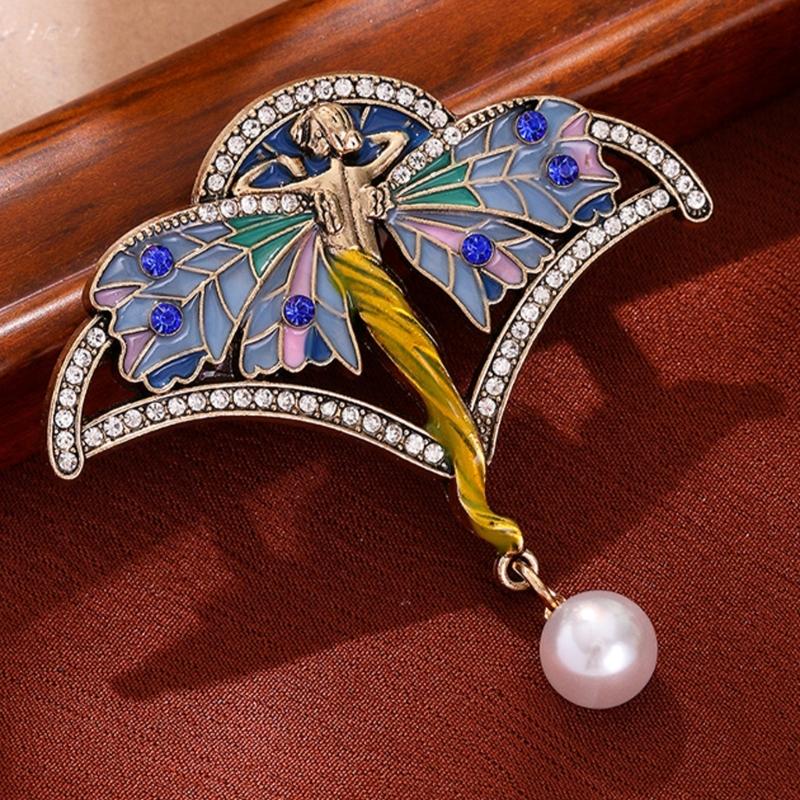 Classical Girls Wing Brooch Enamel Butterfly Rhinestones Pearls Accent Badge Corsage Jewelry For Women