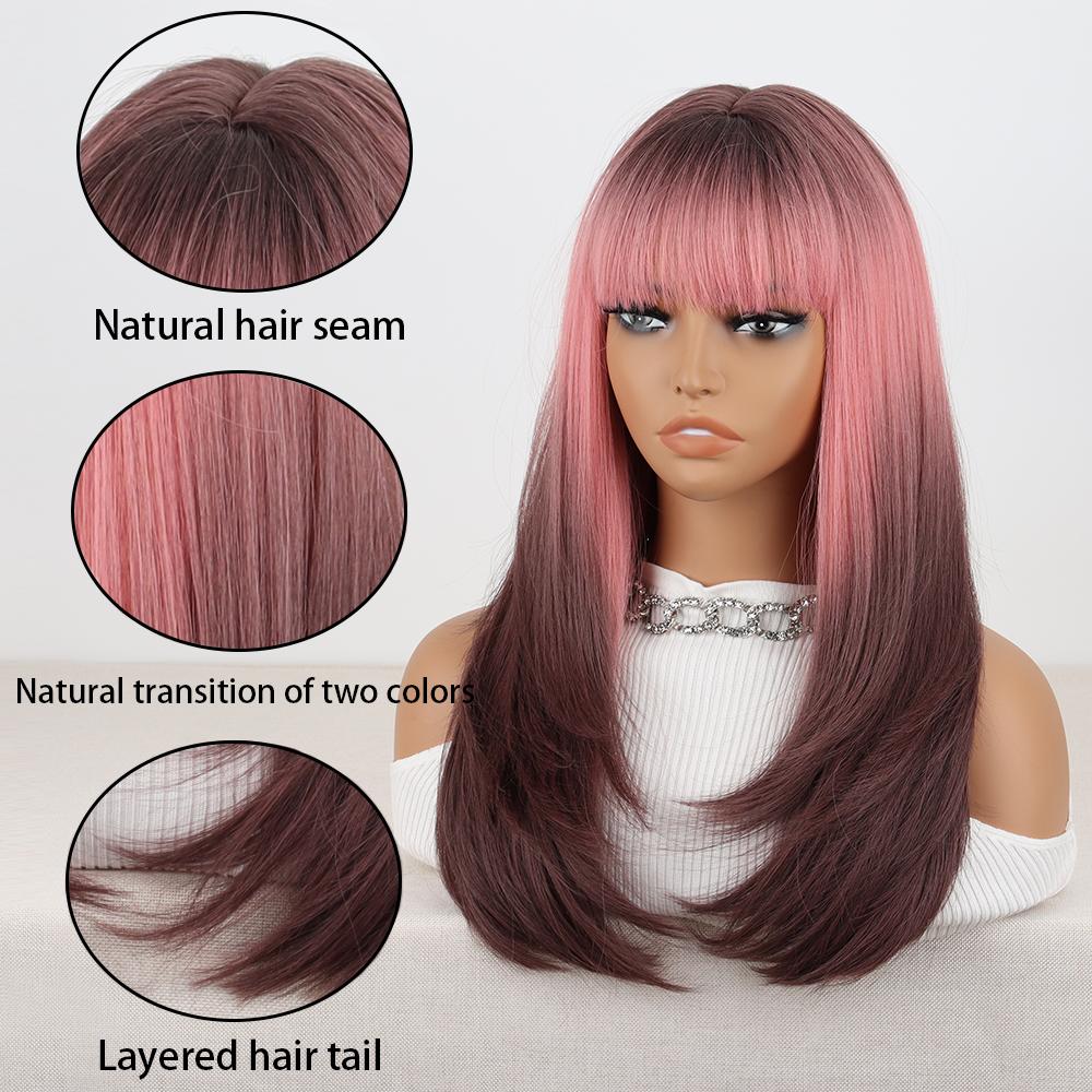 MISS WIG Parrucche Lunghe Ombre Marrone Rosa Lisce Stratificate in Fibra Sintetica da Donna con Frangia Parrucca Bob per Donna Uso Quotidiano Cosplay Festa