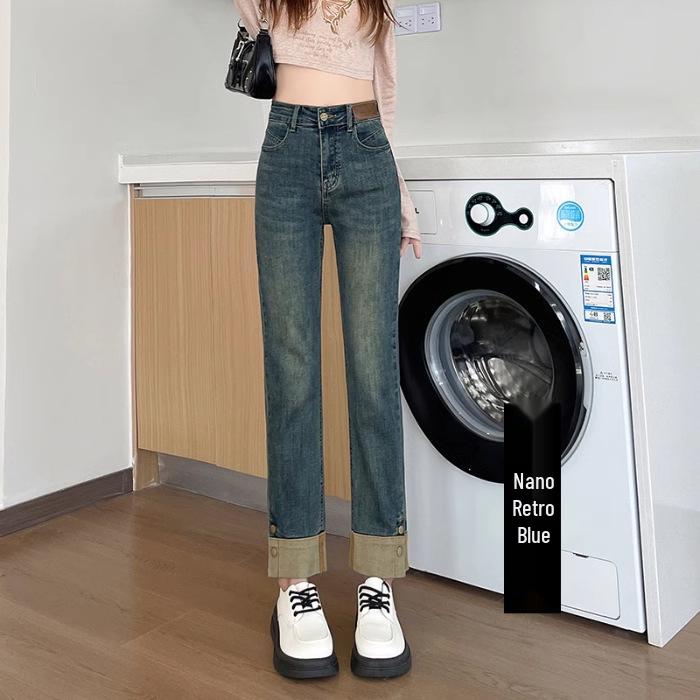 

Ретро Осенние Джинсы Багетной Строчки с Высокой Посадкой, Стройнящие, для Миниатюрных Женщин - Прямые Джинсы Длины Девять Девятых 2XL