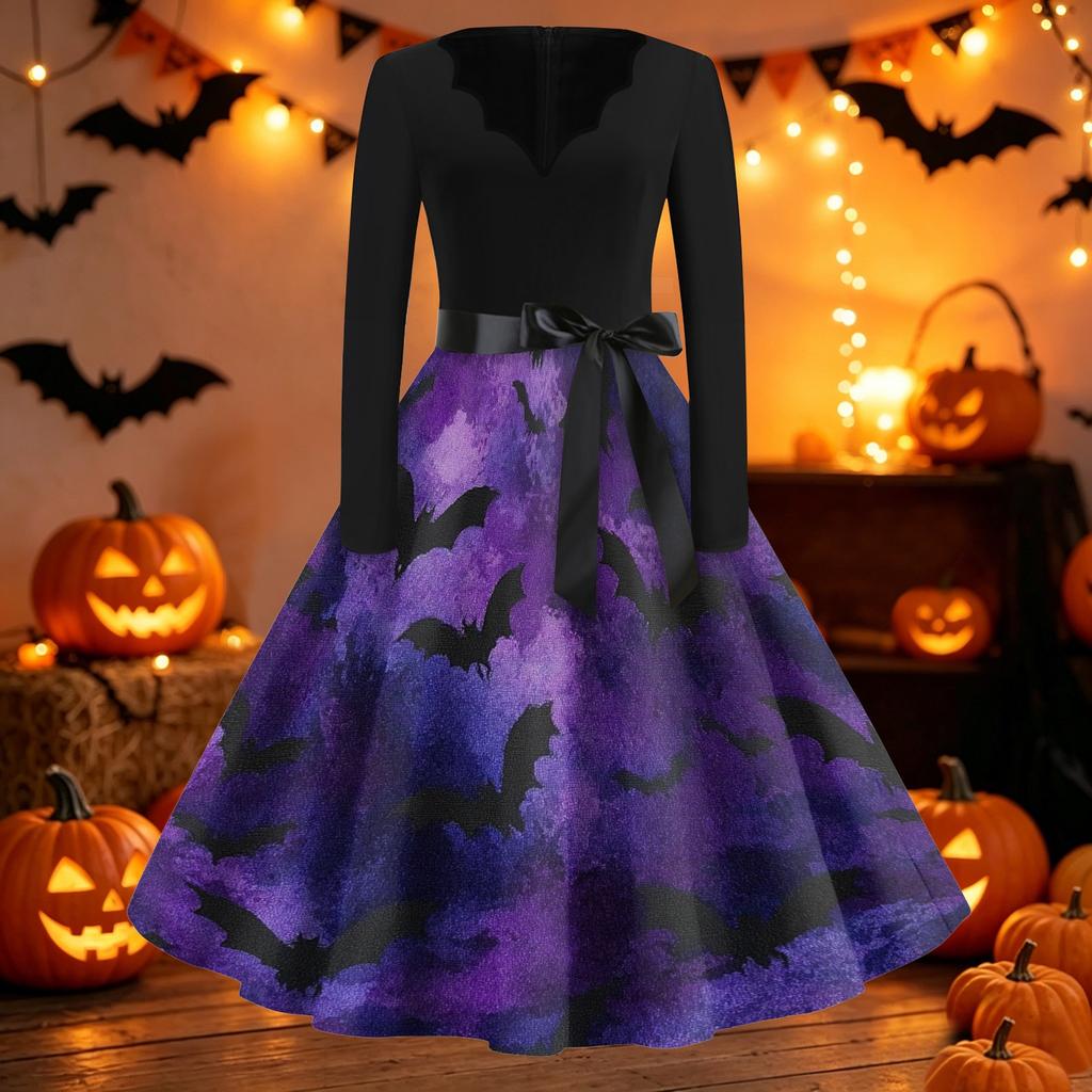 Women's Vintage Halloween Dress V Neck Long Sleeve Casual Retro Style Bat Print Swing Skirt Dress with Waist Tie Belt