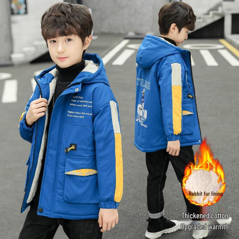 Boy's Plus Velvet Parka - New 2025 Autumn/Winter Cotton Jacket, Medium/Large Sizes, Thickened Windbreaker
