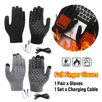 USB Heated Knitted Gloves Touch Screen Gloves Non-Slip Thermal Knitting Mitts Thicken Winter Cycling Gloves for Outdoor Sports