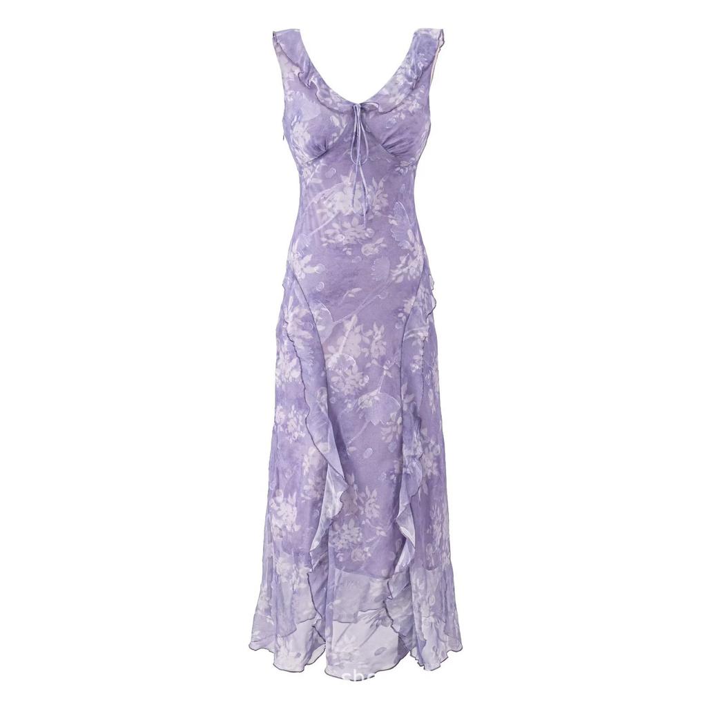 Summer New Coffee Break French Gentle Temperament V-neck Floral Suspender Seaside Vacation Style Slim Dress