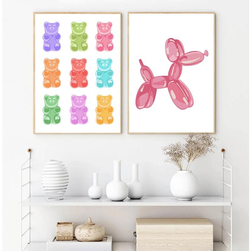 Modrý gumový medvídek Růžový balónkový pes Plakát Preppy Plátno Malba Tisk Trendy Nástěnné umění Dětský pokoj Domácí dekorace