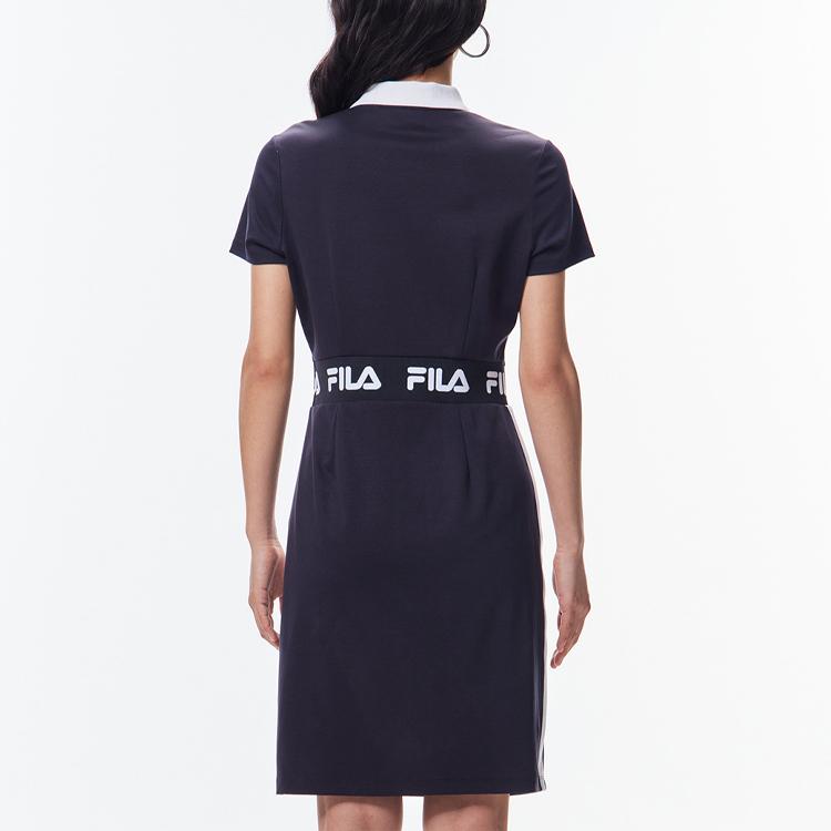 Fila Logo Print Waist-Defining Sports Fashion Casual Short Sleeve Dress Women Dresses Legendary-Blue F11W138304F-NV