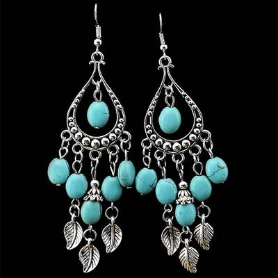 Boucles d'oreilles pendantes à franges en pierres précieuses et feuilles de style bohème rétro