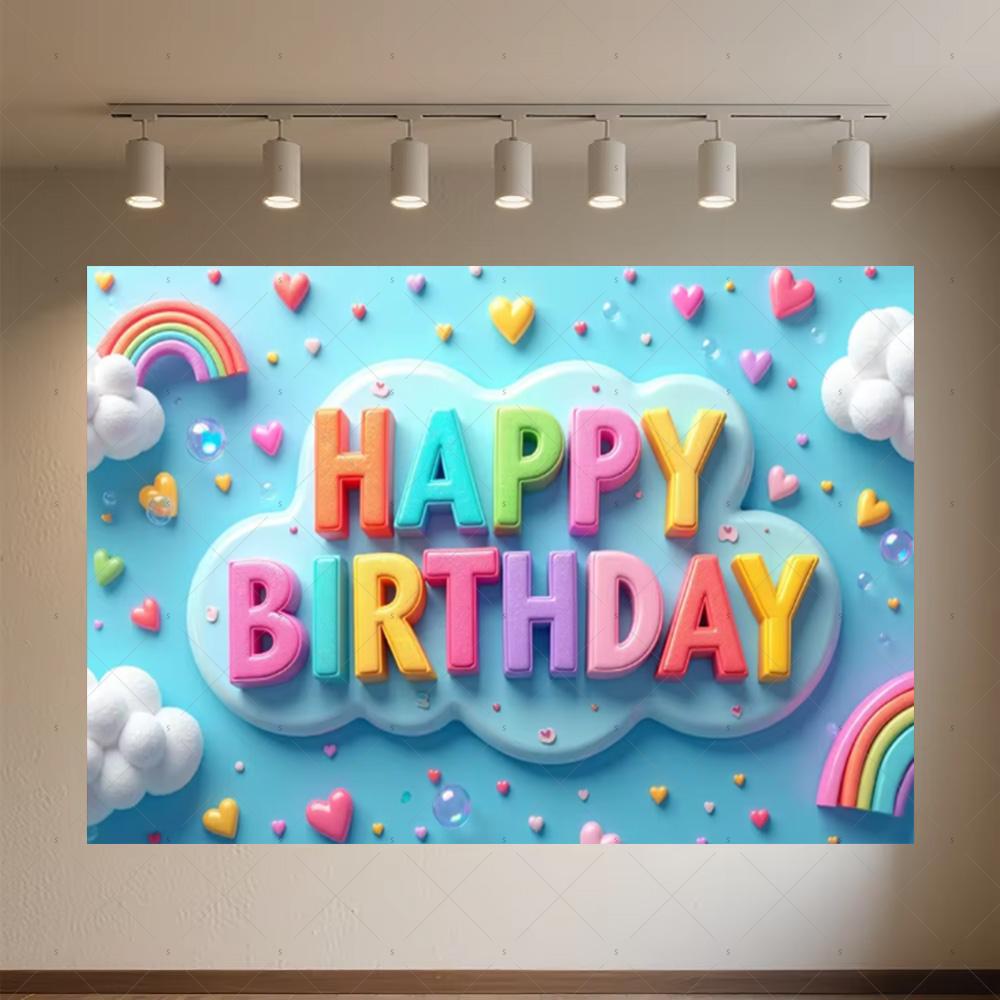 Colourful Happy Birthday Theme Backdrop Supplies 3D Ballon Background Banner Kids Birthday Party Decorations Photo Shoot Props
