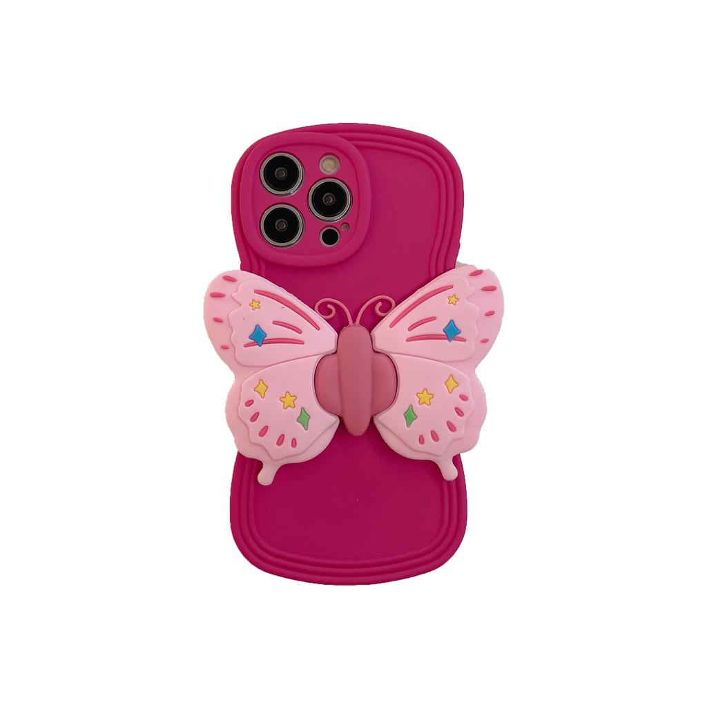Three-dimensional pink butterfly silicone bracket for iPhone16Pro max iPhone 15 case 14/13 soft case