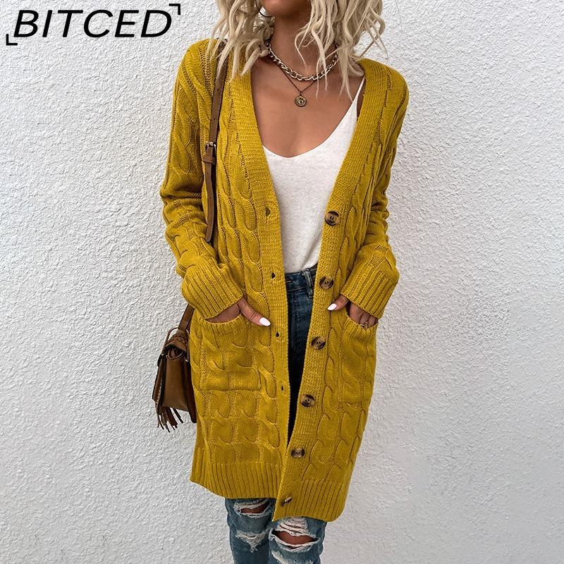 BITCED Вязаный свитер Осень/Зима Удлиненный кардиган крупной вязки Женский кардиган на пуговицах S жёлтый