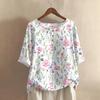 Women's Fashionable And Casual Shirt Half-sleeve Round Neck Print Cotton And Linen Blouse Top