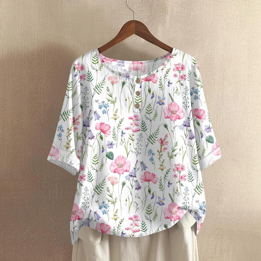 Women's Fashionable And Casual Shirt Half-sleeve Round Neck Print Cotton And Linen Blouse Top