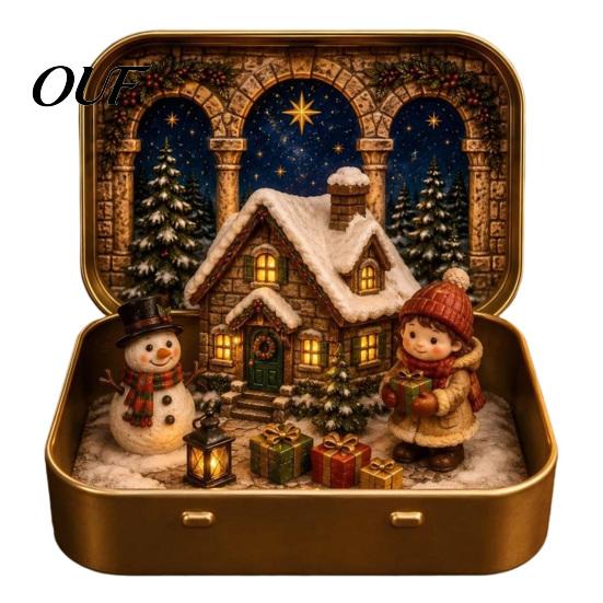 Small Holiday Tabletop Decor Mini Christmas Set in A Tin Box, Pocket Size Scene Tiered Decoration Box with Miniature Figures, Collectible for