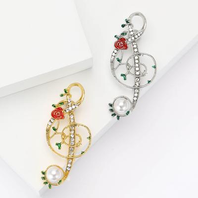 Japanese And Korean Alloy Diamond-Encrusted Pearl Music Note Brooch, Fashionable Versatile Suit Coat Corsage Jewelry Pin