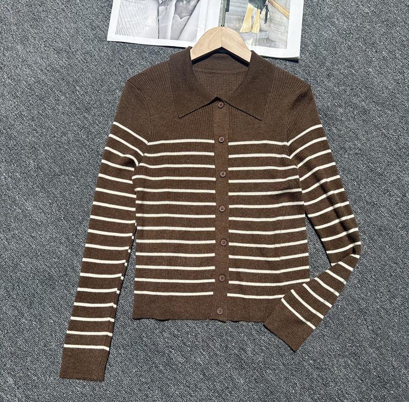 Zhao Lusi & Bai Lu French Stripe Polo Collar Knit Cardigan - Women's Autumn Style Base Layer Top