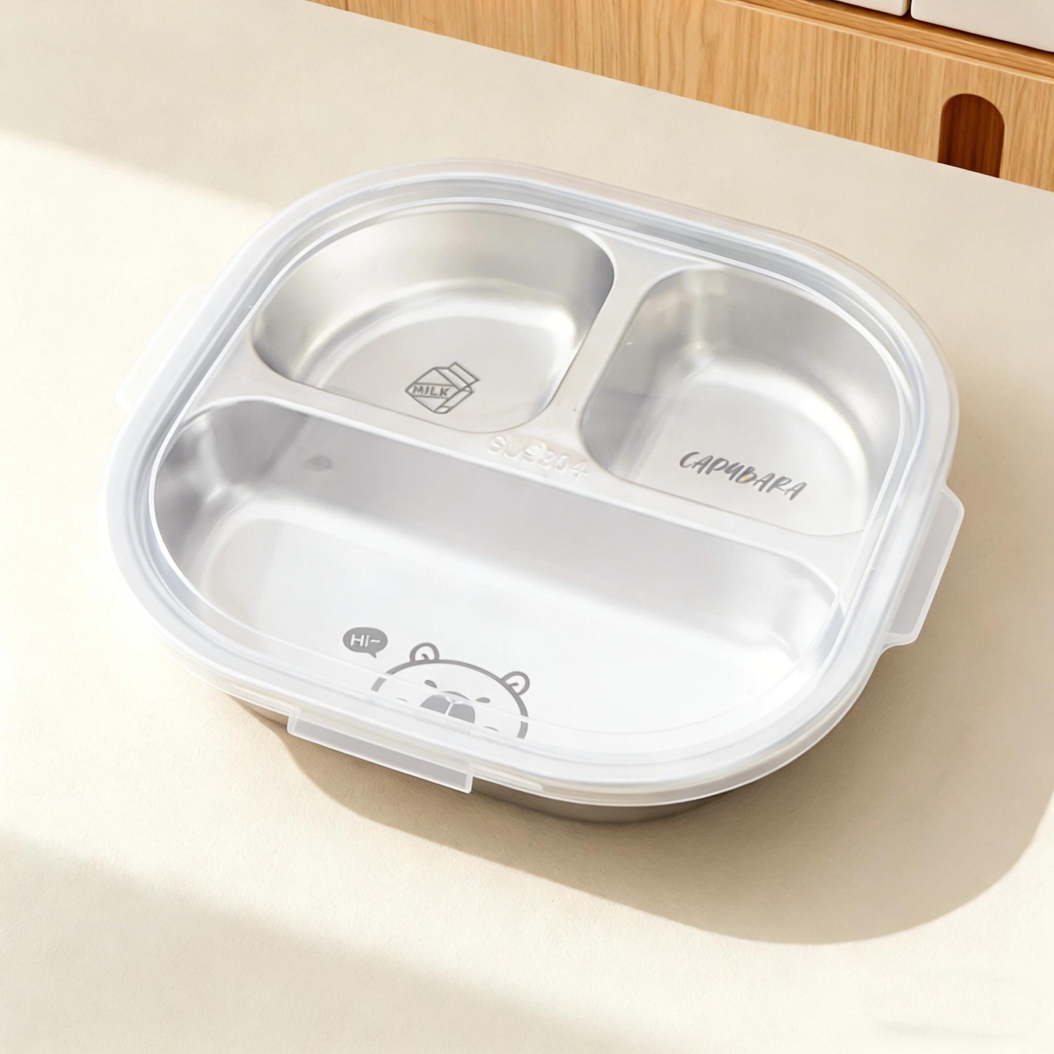 

Мила квадратна обідня коробка з нержавіючої сталі 304 з відділеннями, контейнер для їжі для дітей, студентів, 3/4 відділення, тарілка для вечері з кришкою