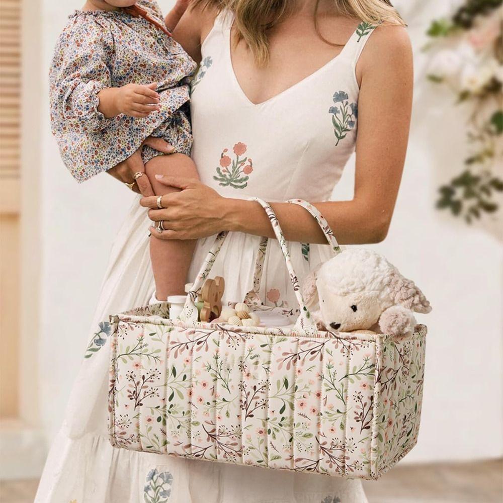 Floral Print Baby Diaper Organizer Bag Folding Large Capacity Diaper Caddies with Handle Mommy Bag for Travel Baby Essentials