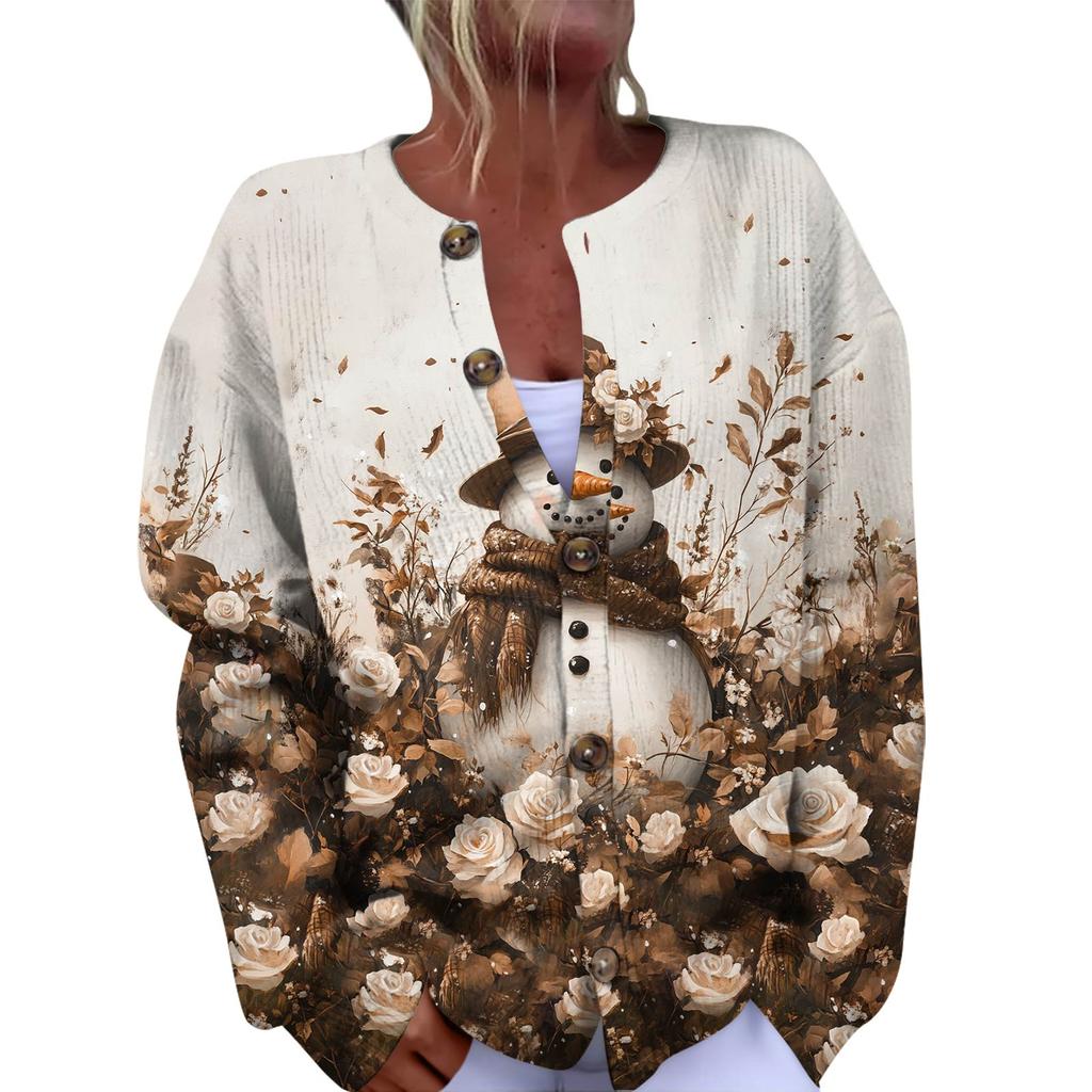 Women's Fashion Christmas Printed Long Sleeve Knitted Cardigan Button Down Jacket