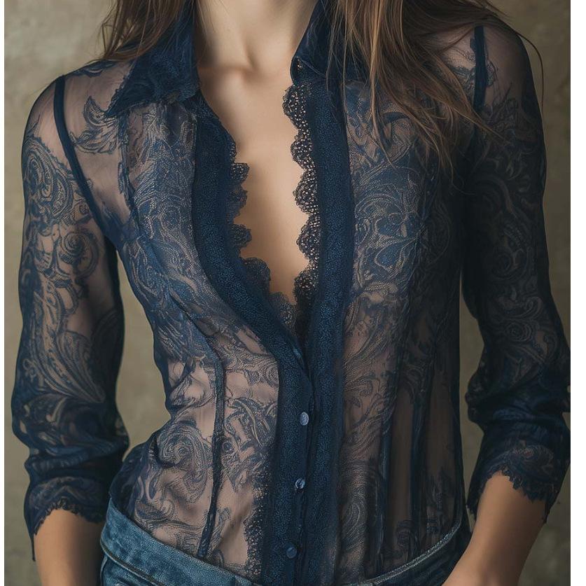 Net Weave Printed Sexy Lace-edged Sheer Blouse