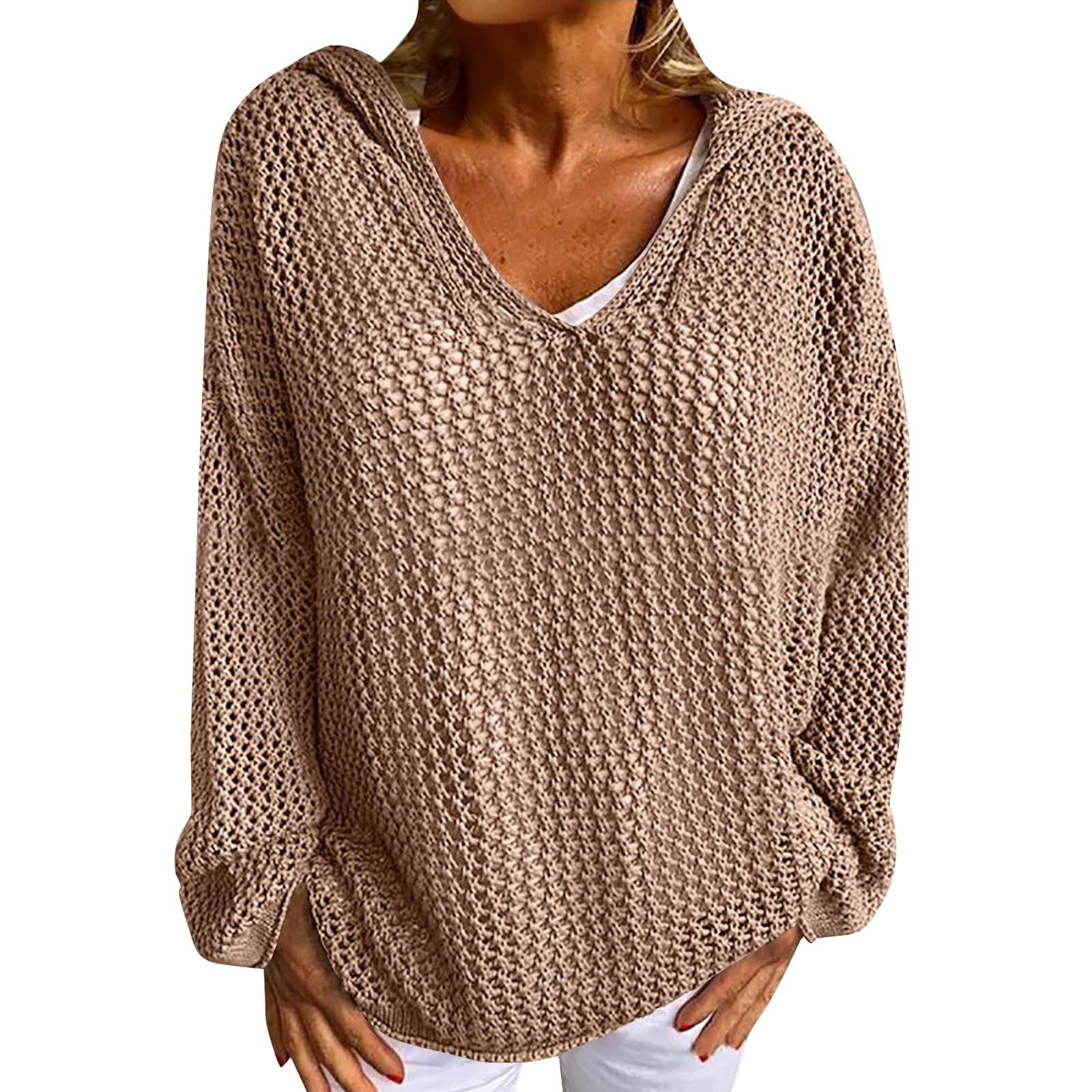 

Женский повседневный модный удобный внешний трикотажный свитер с капюшоном, тонкий свободный, однотонный, с вырезом L хаки