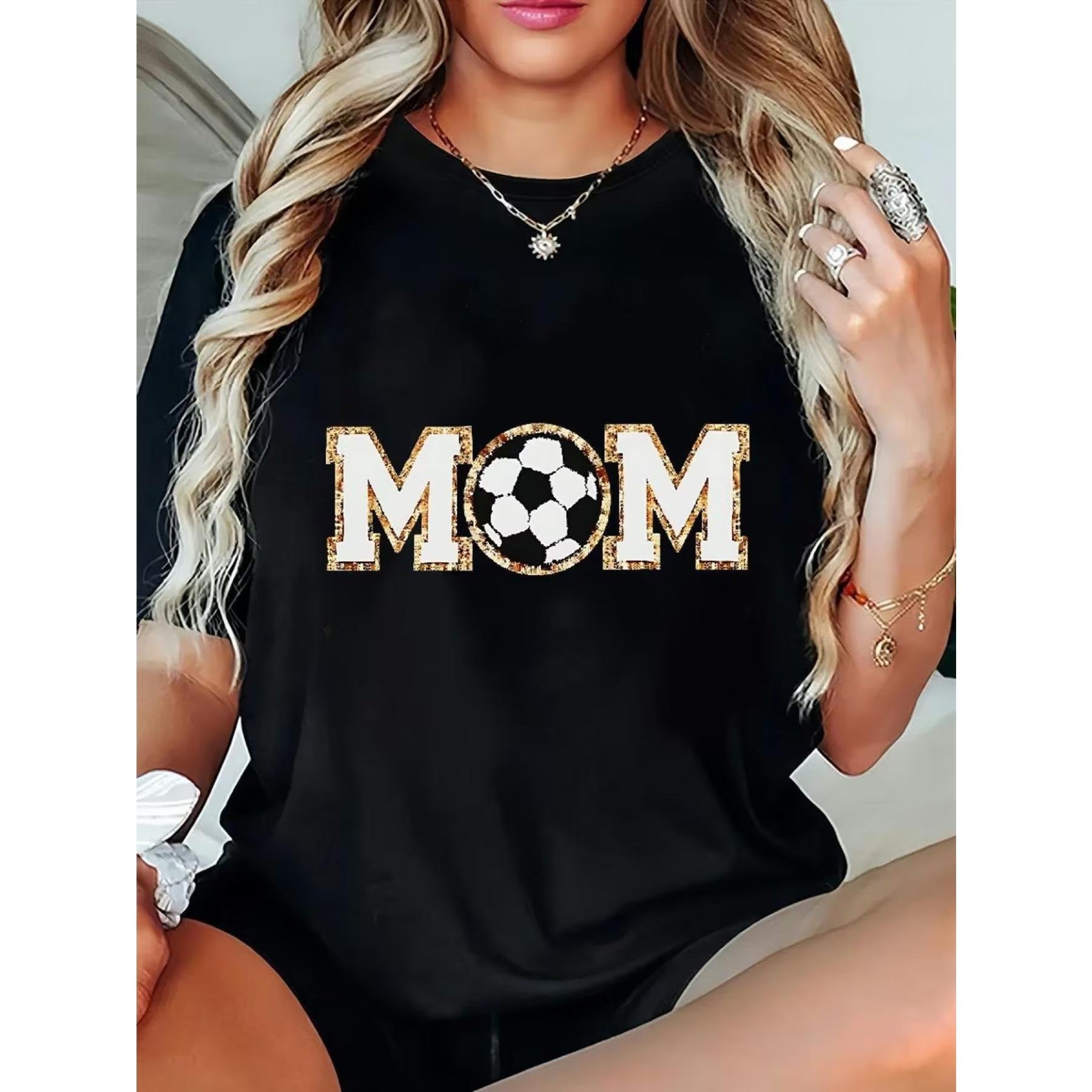 

Proud Soccer Mom Game Day T-Shirt - Casual Black Crew Neck Short Sleeve Top, Featuring Shimmering Golden MOM Lettering with Soccer Ball Graphic XXL